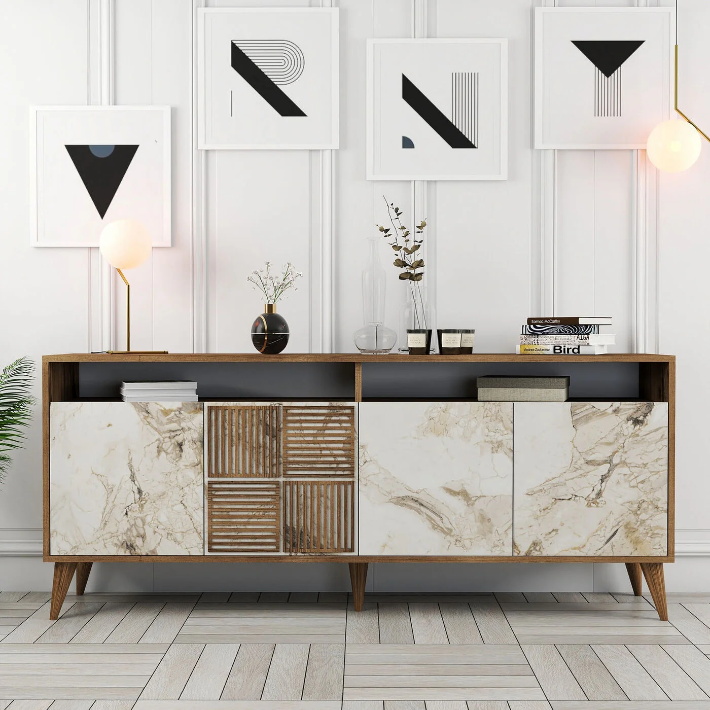 Giga Meubel - Dressoir Walnoot|Beige Marmer - 180x35x78,6cm - Milan - Image 2