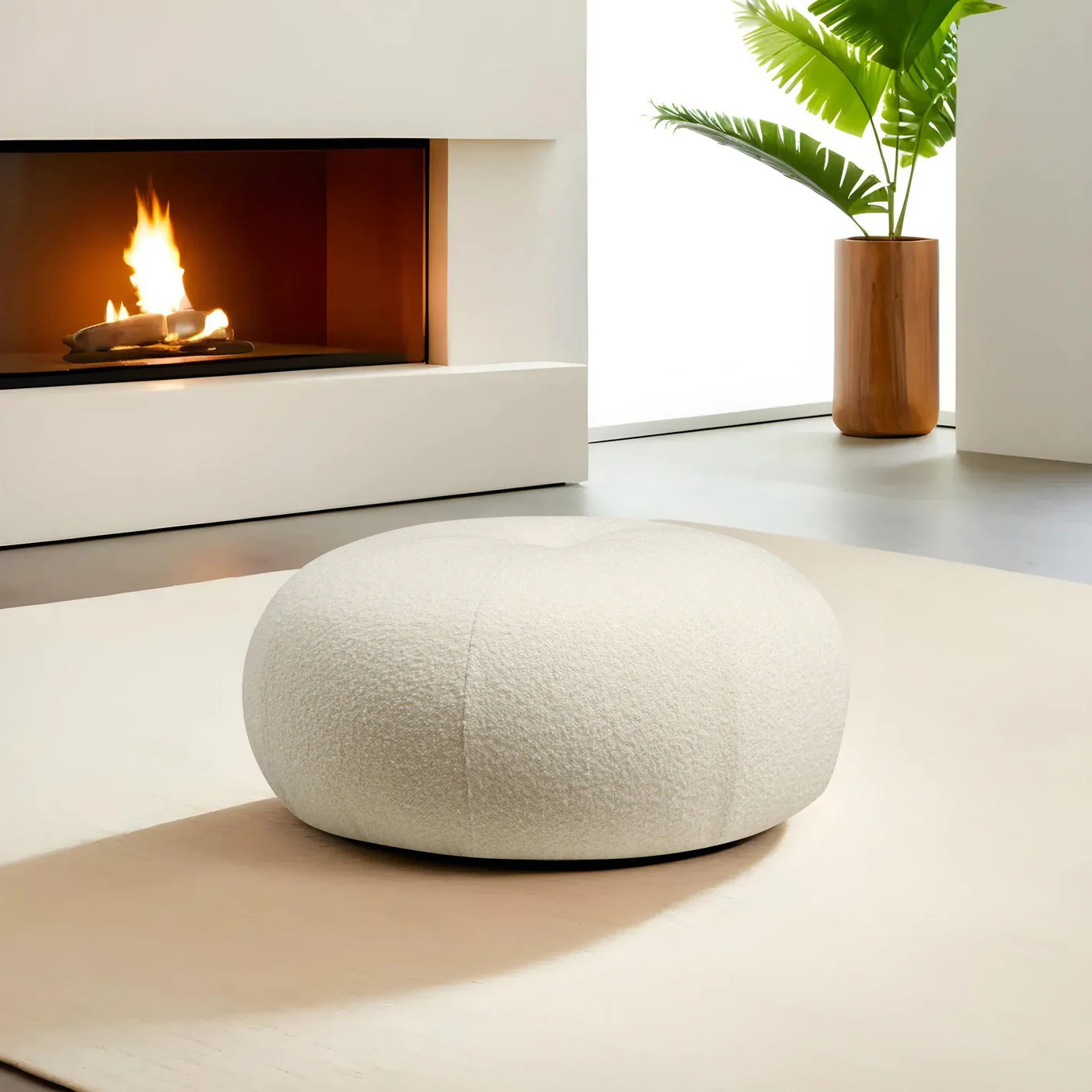 Giga Meubel - Poef Rond Bouclé Wit - 55x55x35cm - Tina
