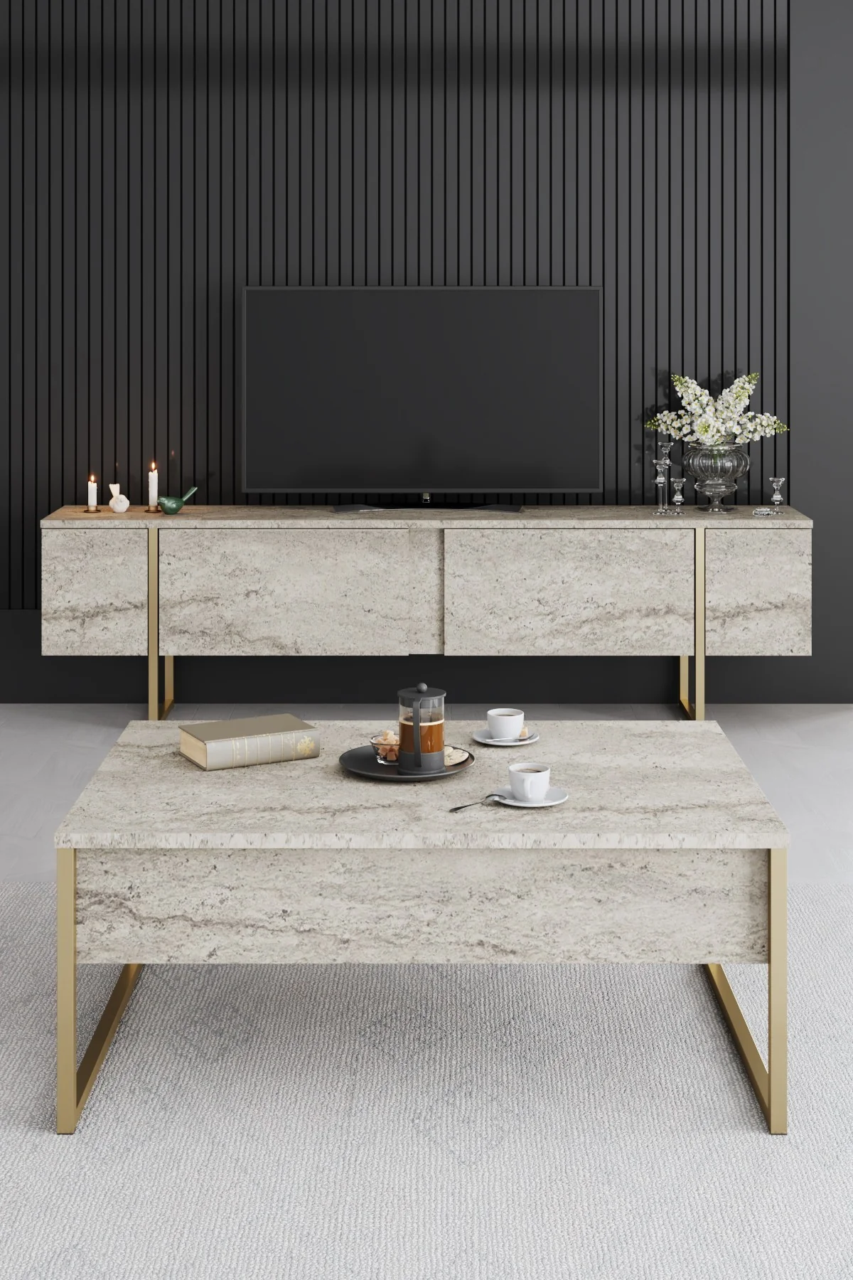 Giga Meubel - Tv-meubel Travertinlook|Goud Hout - 180x30x50cm - Luxe - Image 8