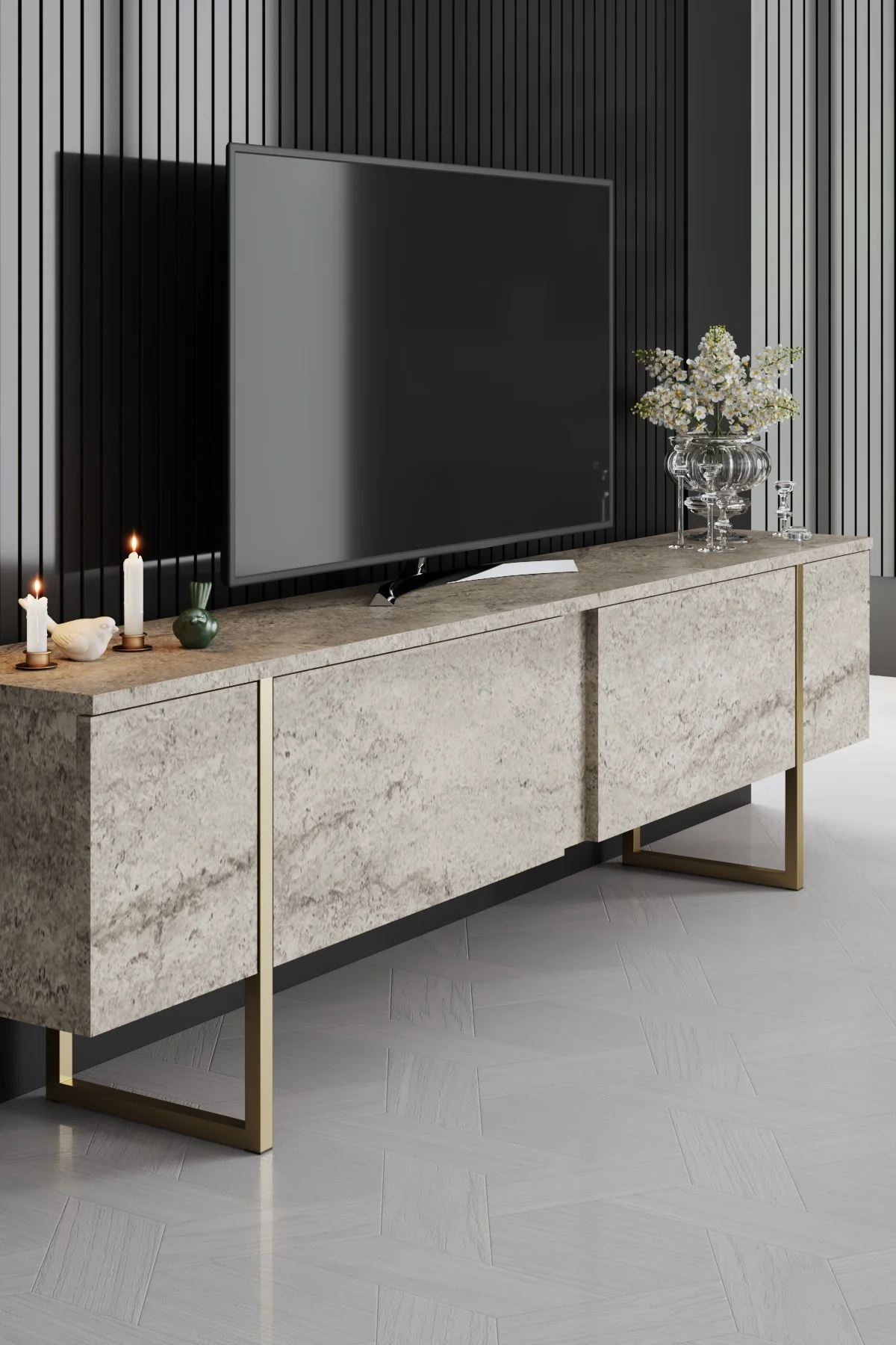 Giga Meubel - Tv-meubel Travertinlook|Goud Hout - 180x30x50cm - Luxe - Image 9