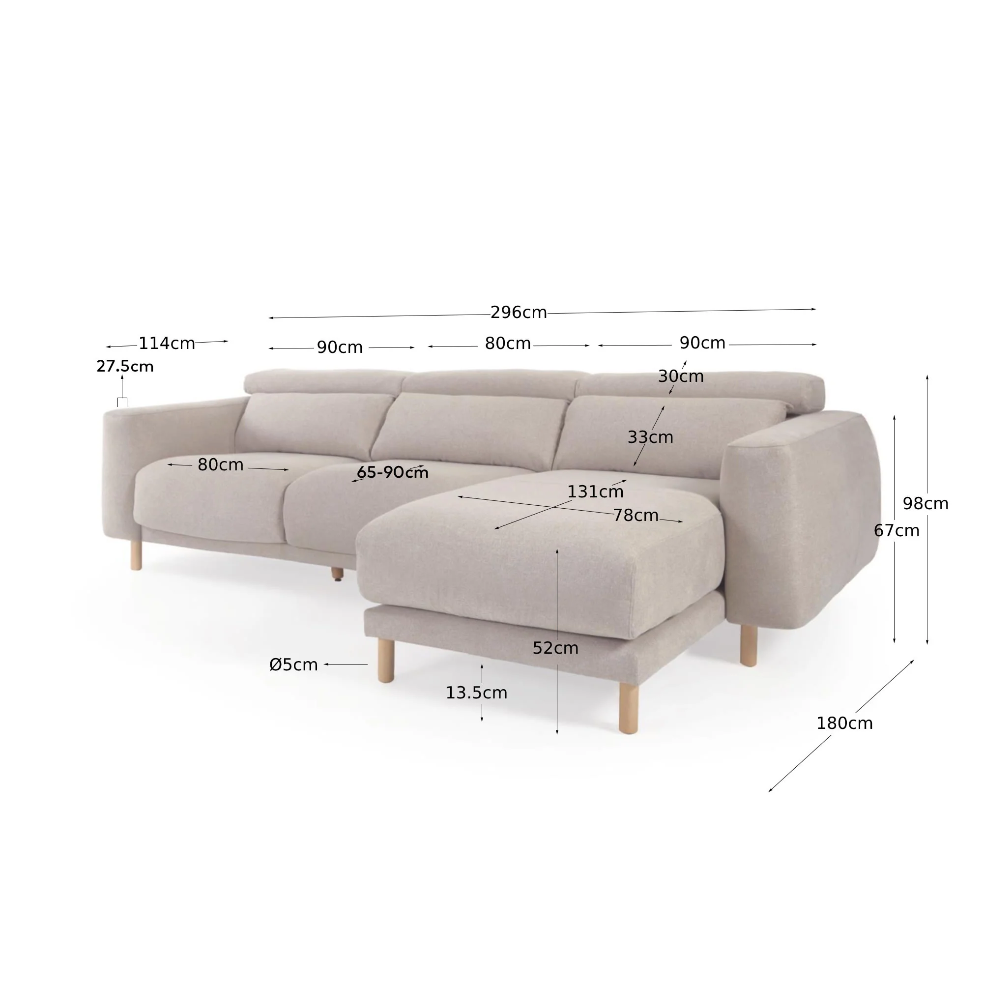 Kave Home - Singa 3-zitsbank met chaise longue rechts, verstelbare - Image 10