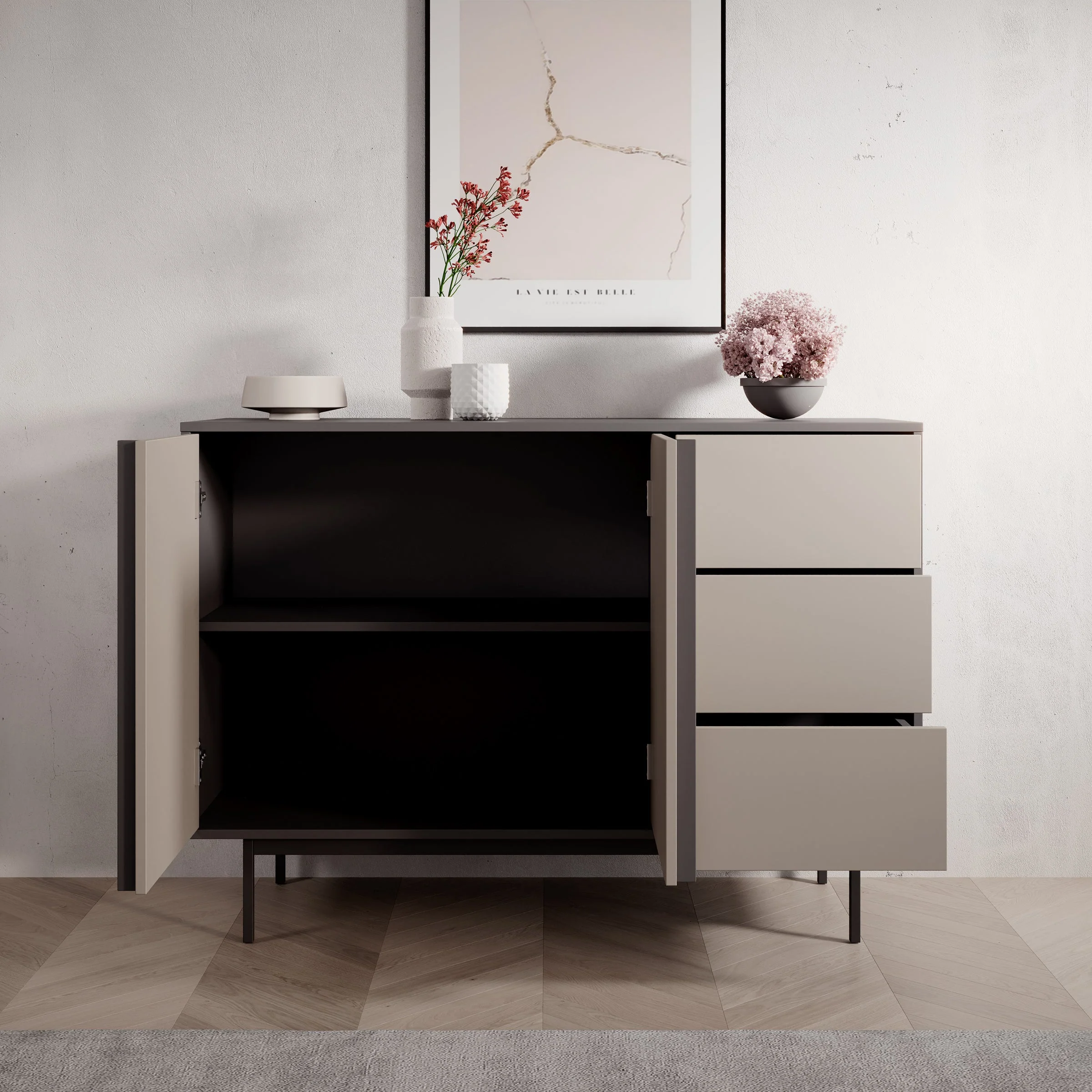 Meubella - Antigo - Dressoir - Beige|Antraciet - 123x43x87 cm - Image 3