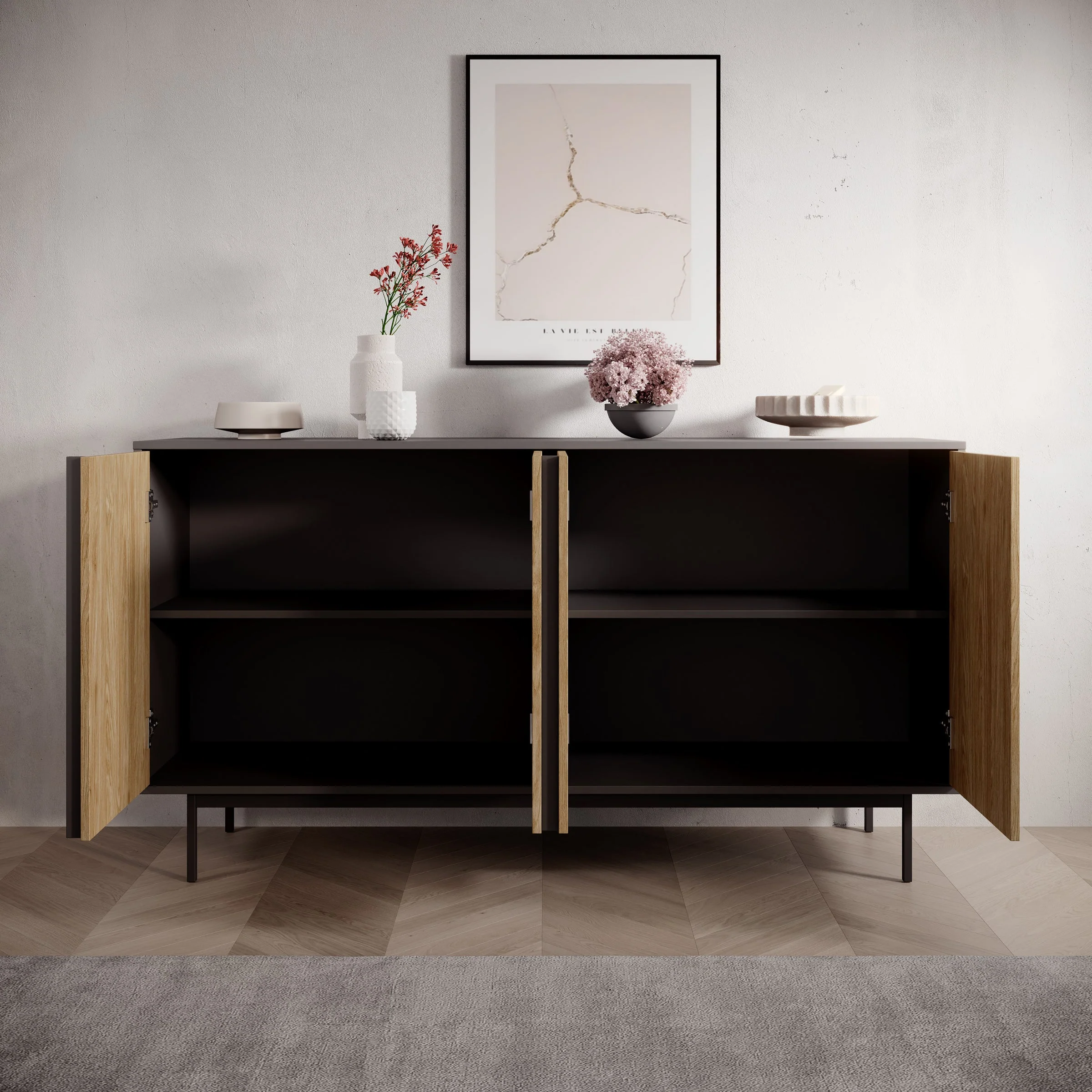 Meubella - Antigo - Dressoir - Eiken|Antraciet - 163x43x87 cm - Image 3