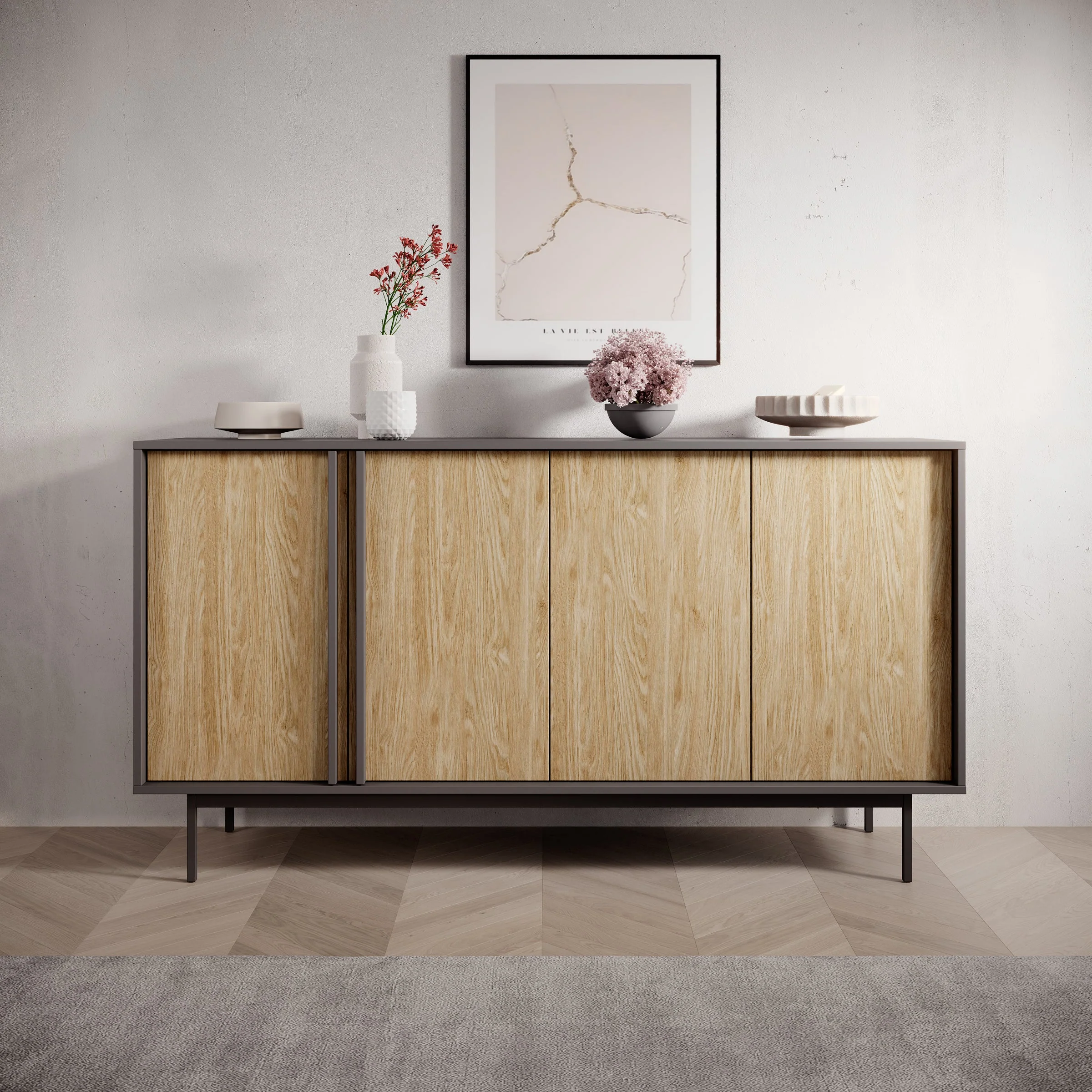 Meubella - Antigo - Dressoir - Eiken|Antraciet - 163x43x87 cm - Image 4