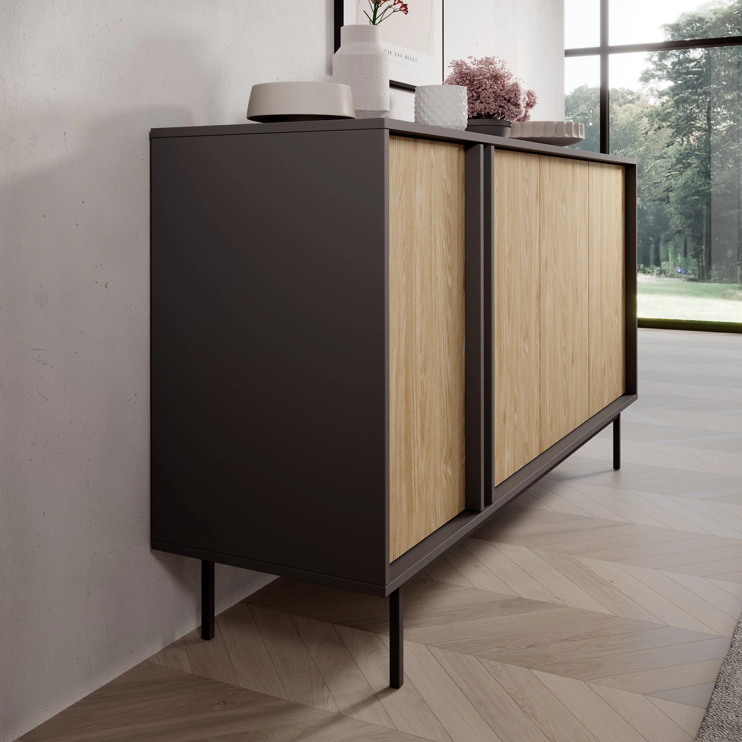 Meubella - Antigo - Dressoir - Eiken|Antraciet - 163x43x87 cm - Image 5