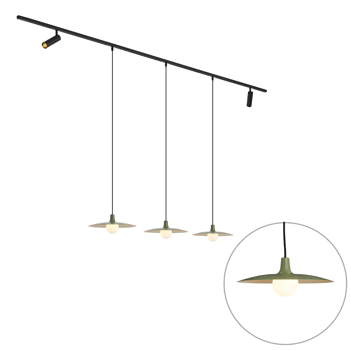 QAZQA Modern railsysteem zwart met 2 spots en 3 hanglampen groen - Image 2