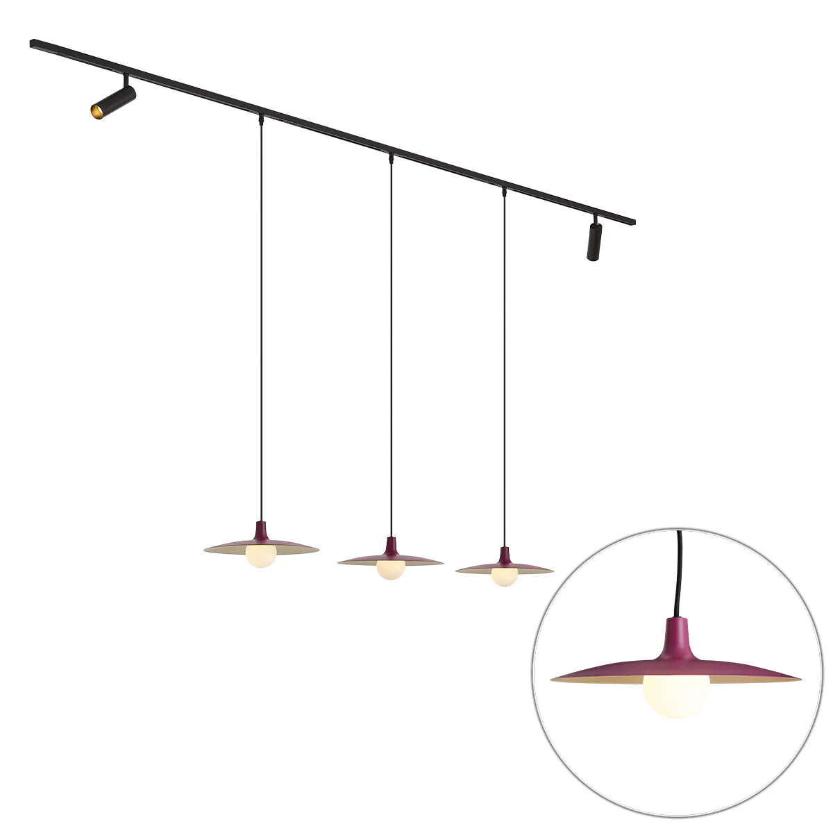 QAZQA Modern railsysteem zwart met 2 spots en 3 hanglampen paars