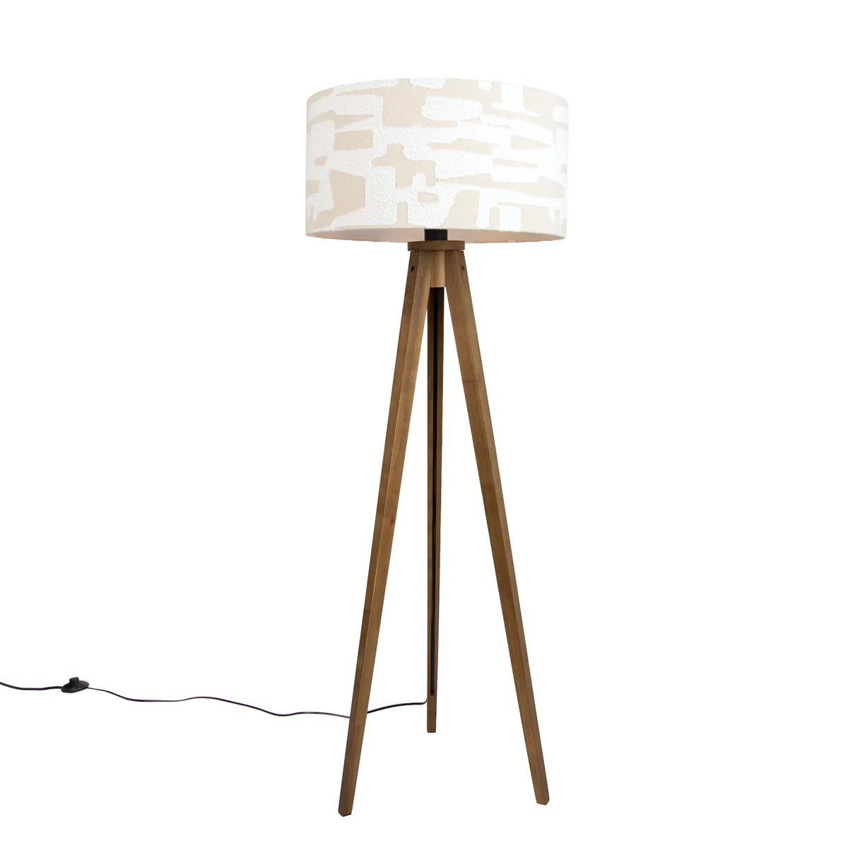 QAZQA Vloerlamp hout met beige en wit gestreepte kap 50cm - Tripod - Image 2