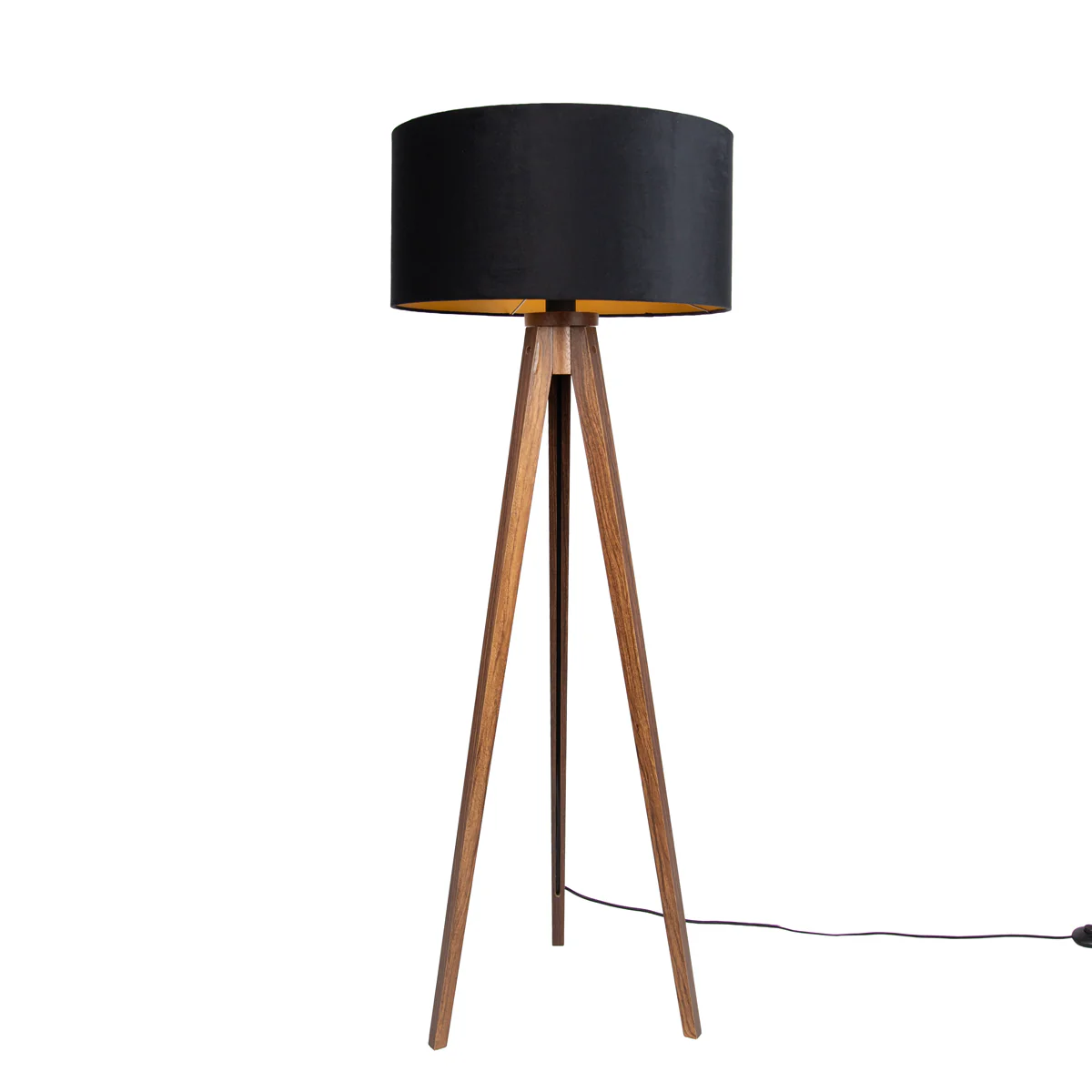 QAZQA Vloerlamp walnoot hout met kap zwart met gouden binnenkant 50cm
