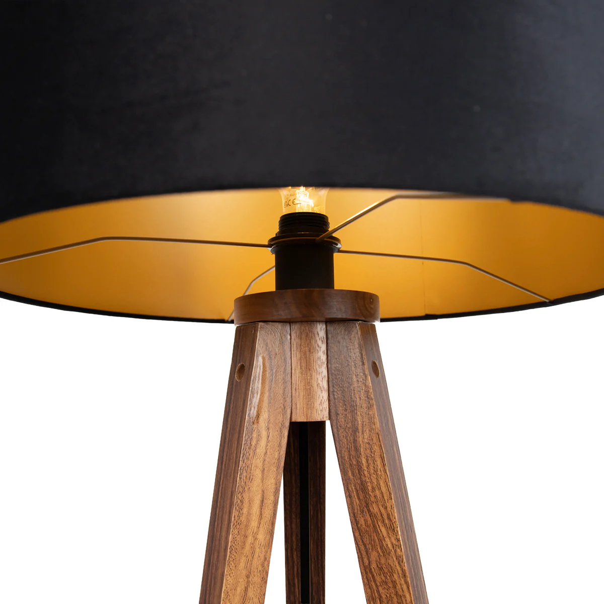 QAZQA Vloerlamp walnoot hout met kap zwart met gouden binnenkant 50cm - Image 10
