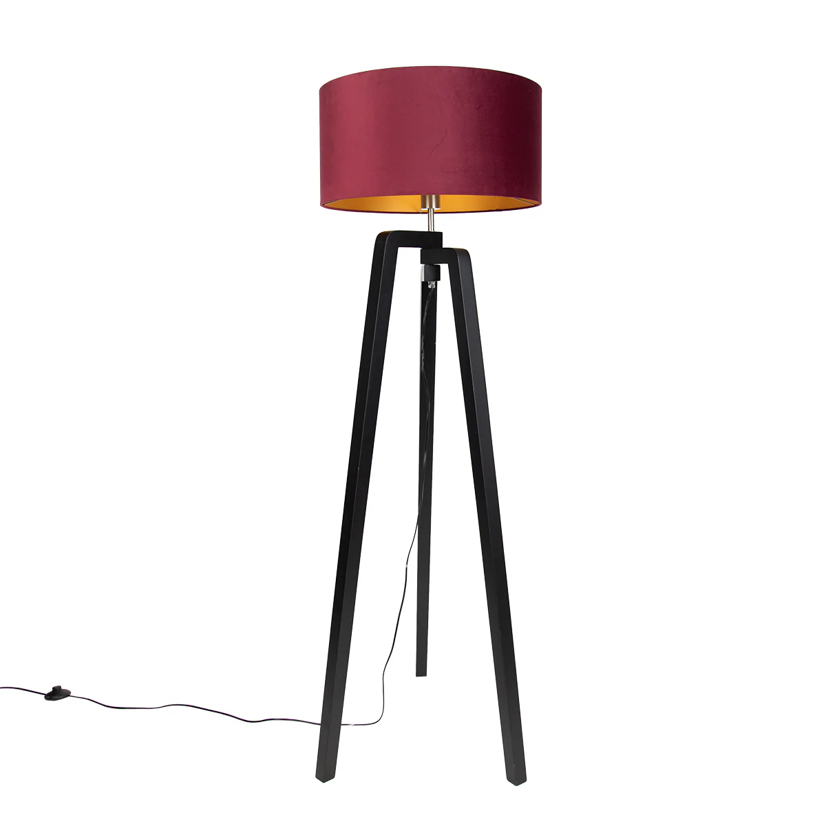 QAZQA Vloerlamp zwart tripod met kap rood met gouden binnenkant 50cm