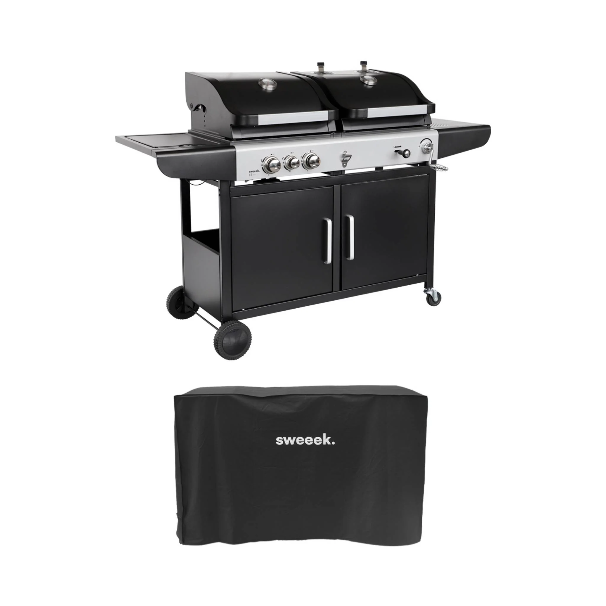 sweeek - 2-in-1 gas- en houtskoolbarbecue, 3 branders + 1 zijbrander,