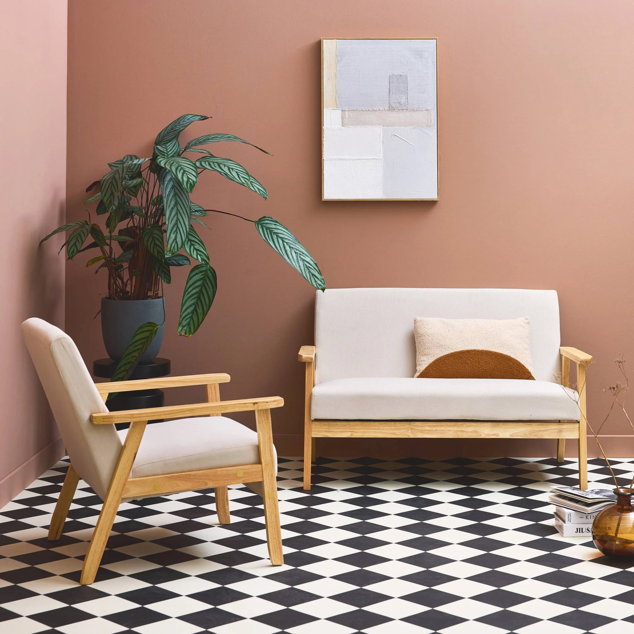 sweeek - Bank 2-zits + fauteuil, corduroy, houten poten. - Image 2