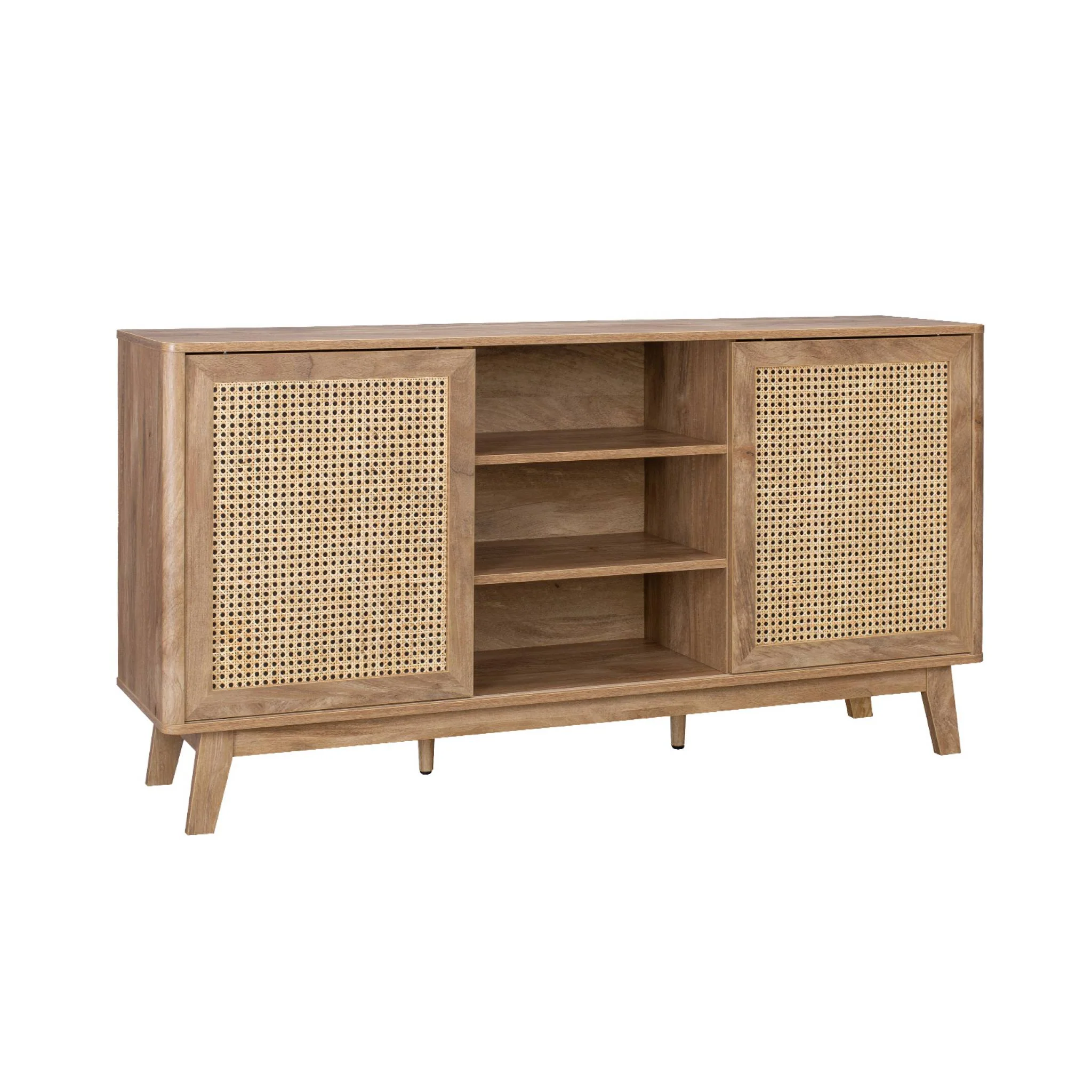 sweeek - Dressoir met 2 schuifdeuren en planken houtdecor en rotan