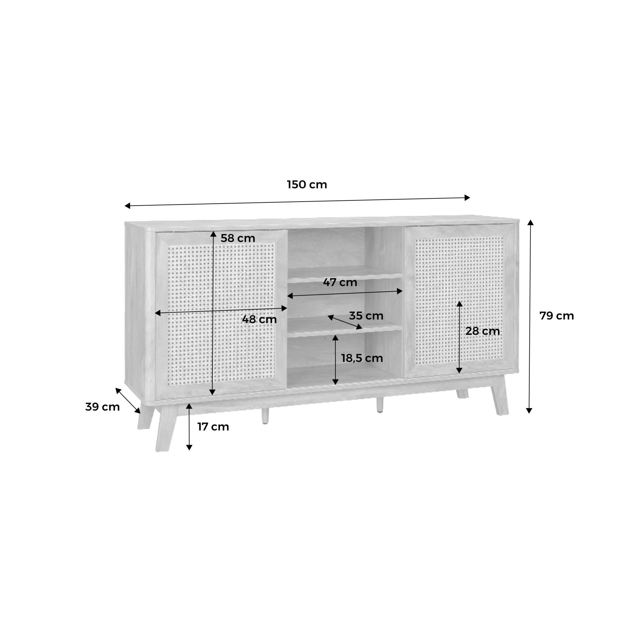 sweeek - Dressoir met 2 schuifdeuren en planken houtdecor en rotan - Image 5