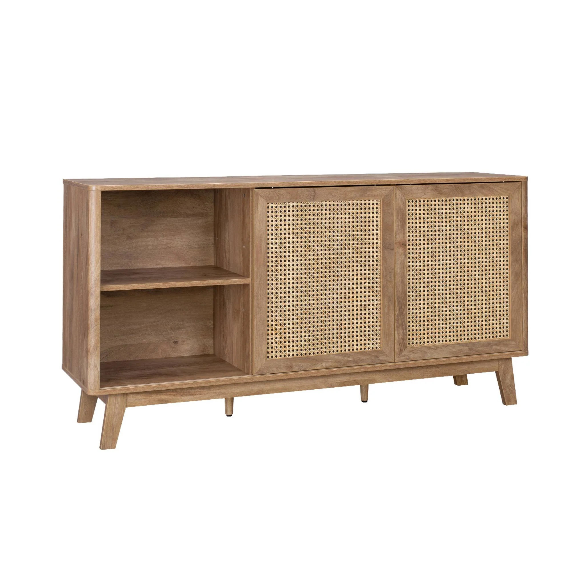 sweeek - Dressoir met 2 schuifdeuren en planken houtdecor en rotan - Image 6