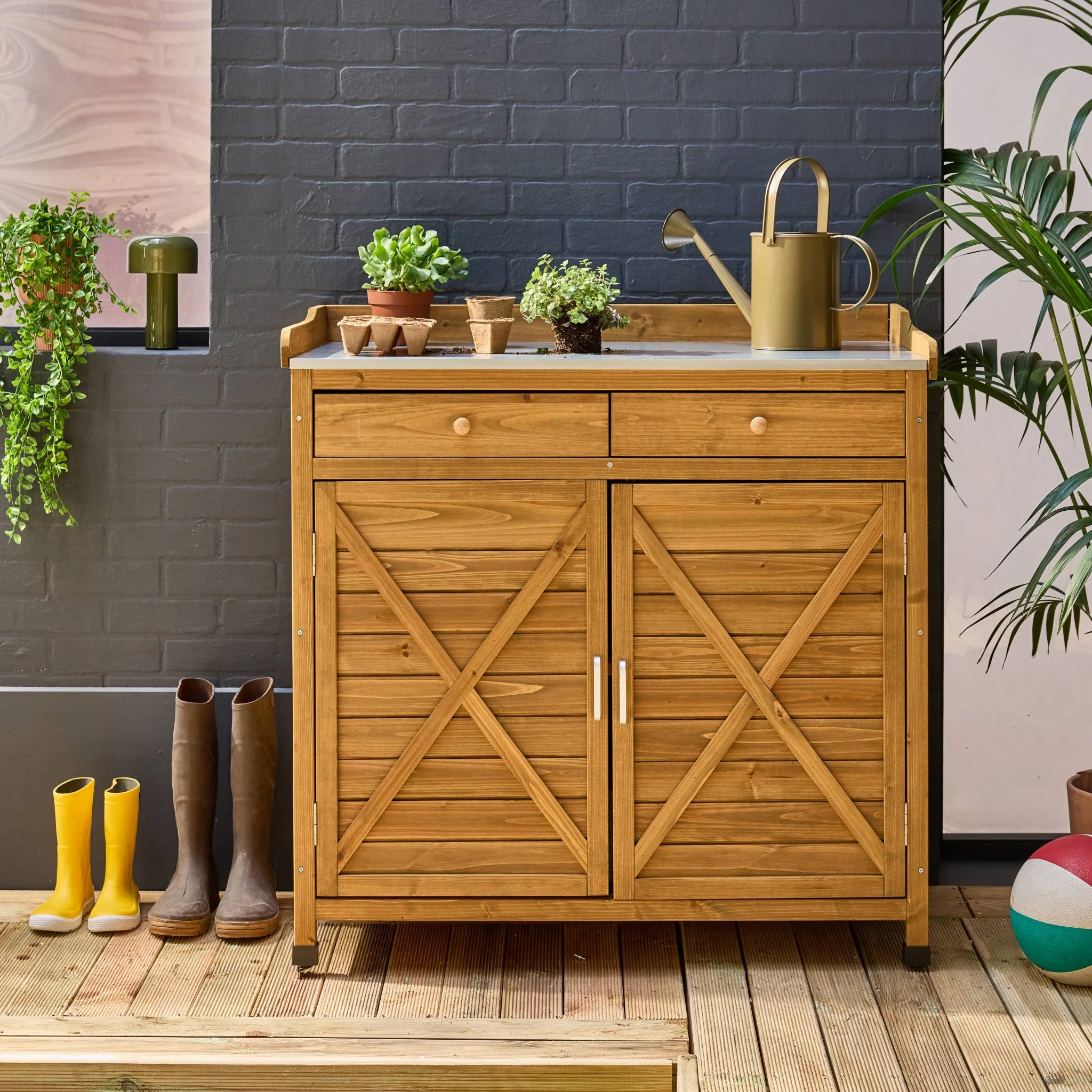 sweeek - Opbergmeubel, werktafel van dennenhout, 2 deuren, 2 laden - Image 2