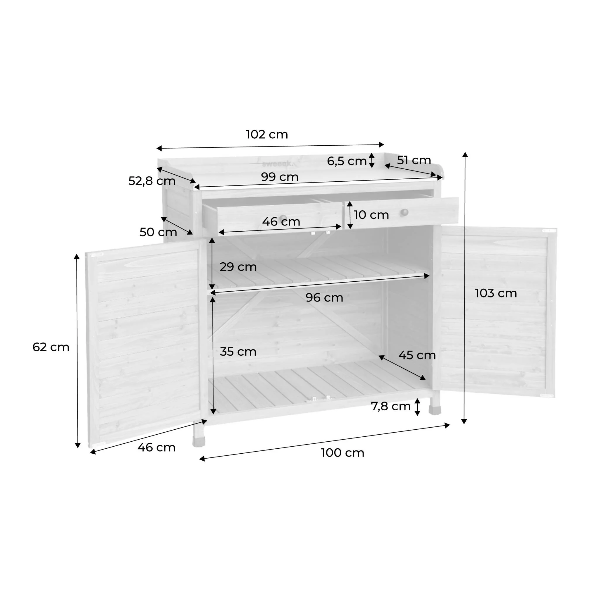 sweeek - Opbergmeubel, werktafel van dennenhout, 2 deuren, 2 laden - Image 3