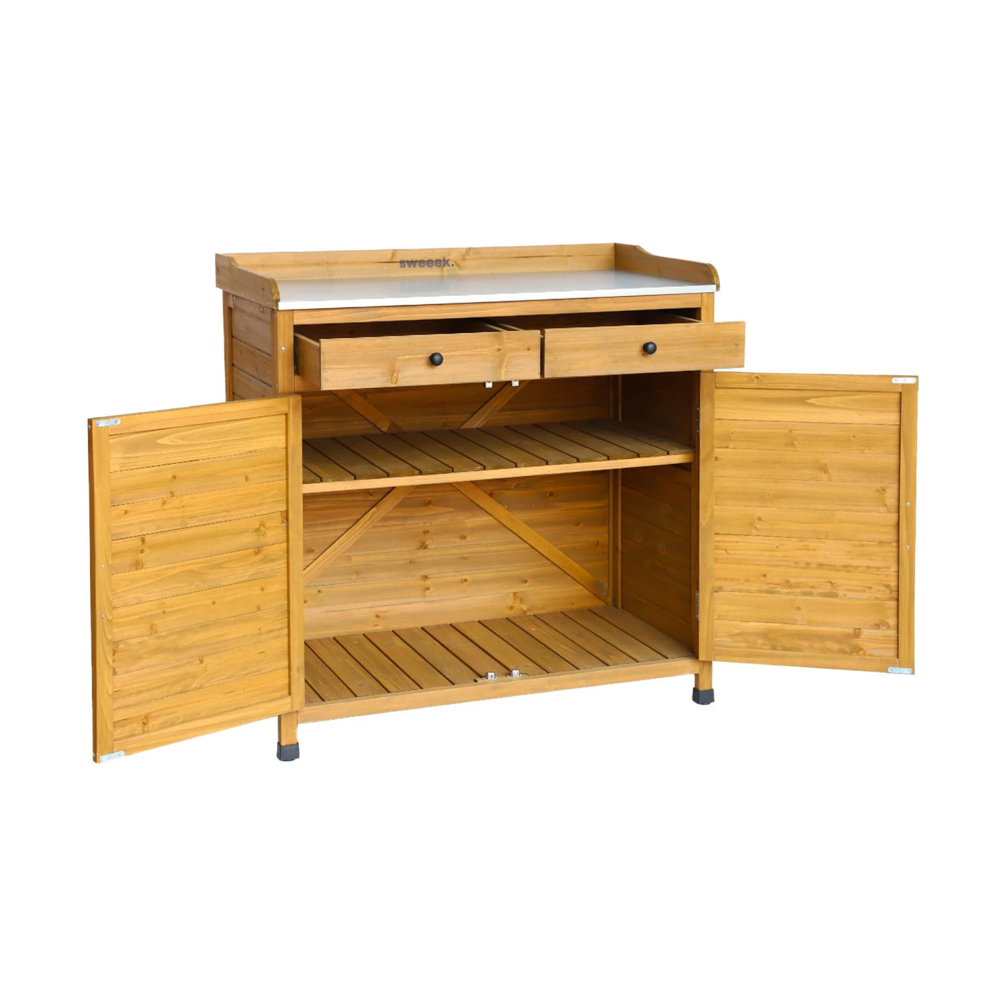 sweeek - Opbergmeubel, werktafel van dennenhout, 2 deuren, 2 laden - Image 6