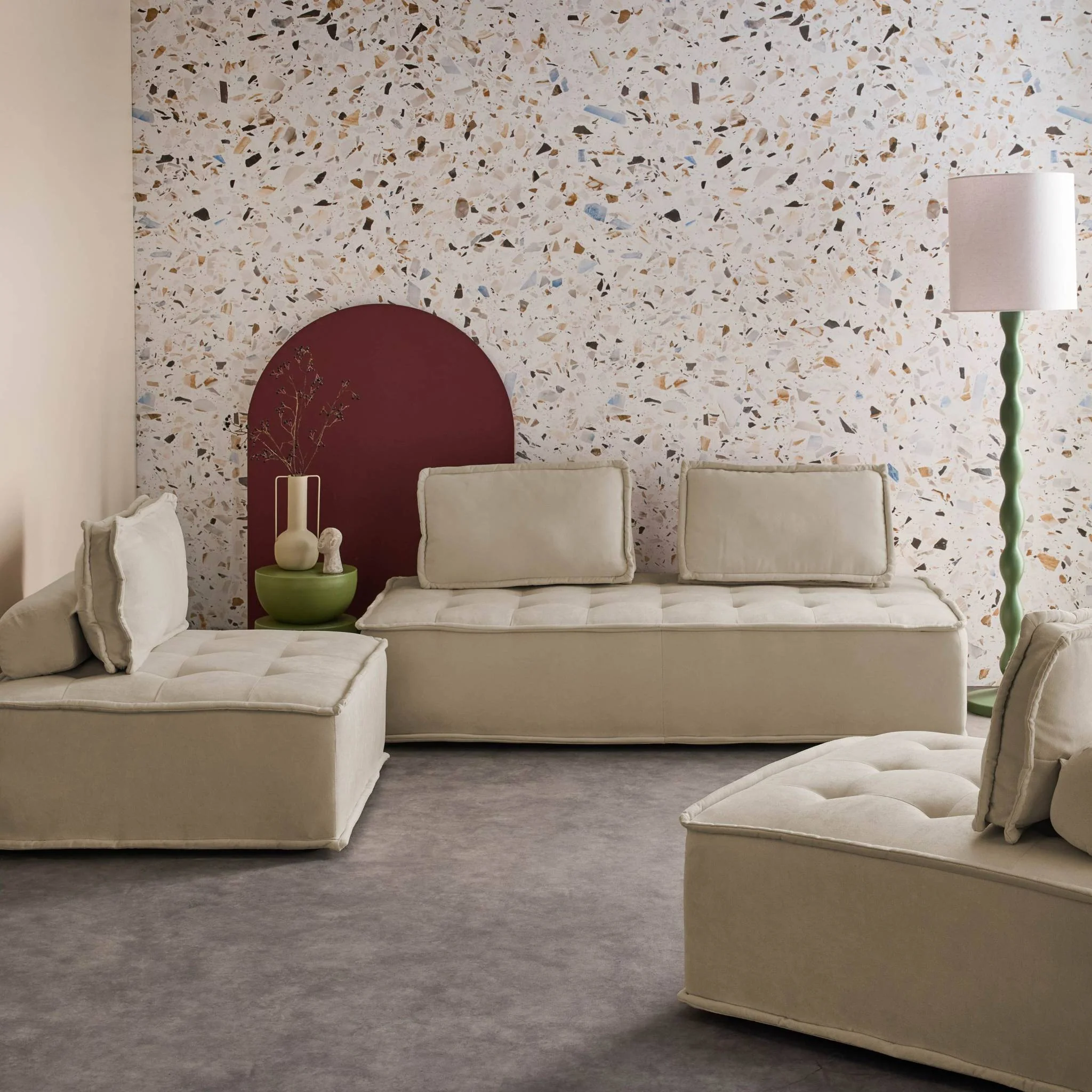 sweeek - Set van 2 fauteuils met 2-zitsbank in stof, met kussen - Image 2