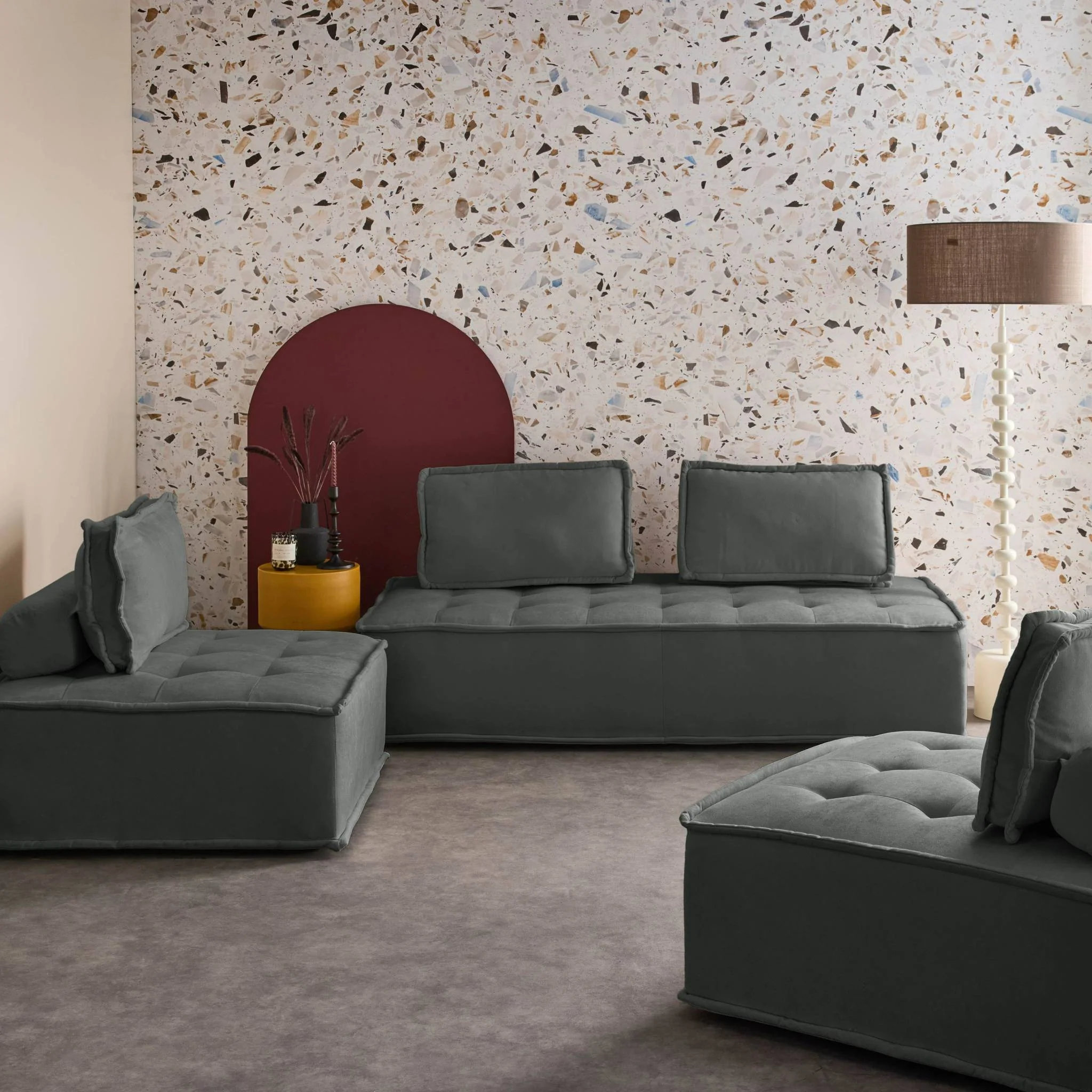 sweeek - Set van 2 fauteuils met 2-zitsbank in stof, met kussen - Image 2