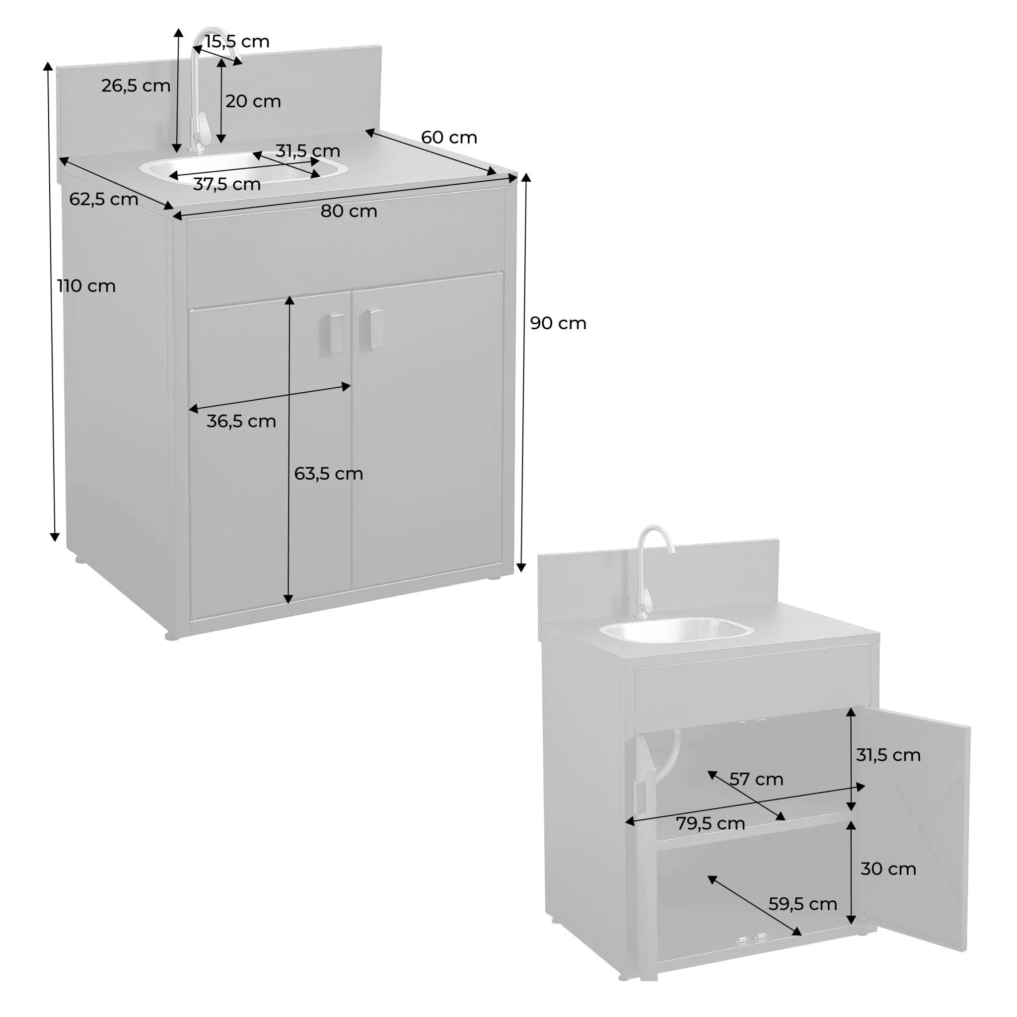sweeek - Stalen buitenkeukenmodule met gootsteen en 2 deuren L80cm - Image 3