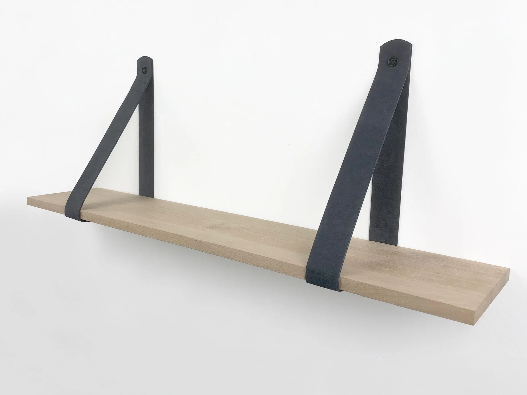 Woodbrothers Eiken 18mm wandplank recht 150x20cm + leren riem grijs