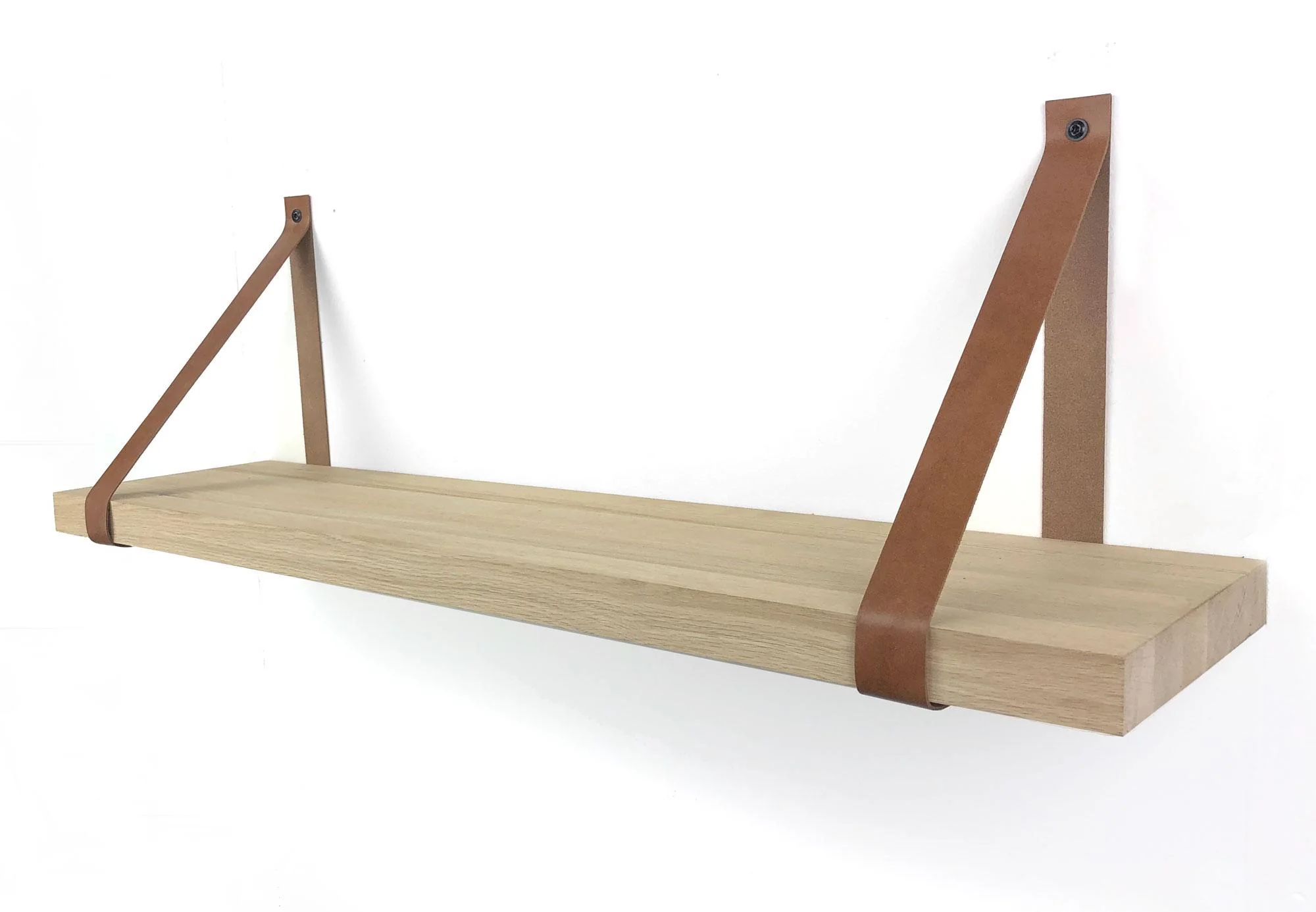 Woodbrothers Eiken wandplank massief recht 100x25cm + leren riem bruin