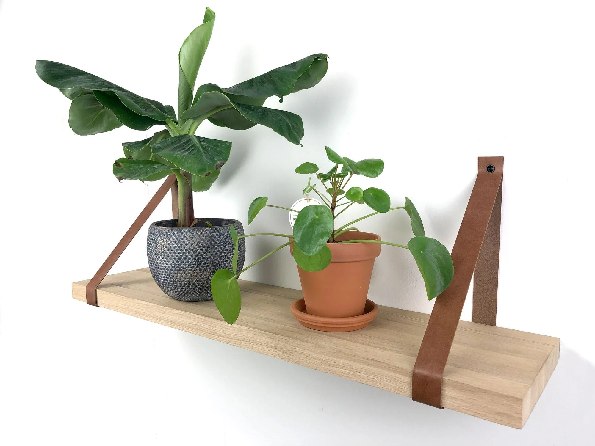 Woodbrothers Eiken wandplank massief recht 100x25cm + leren riem bruin - Image 4