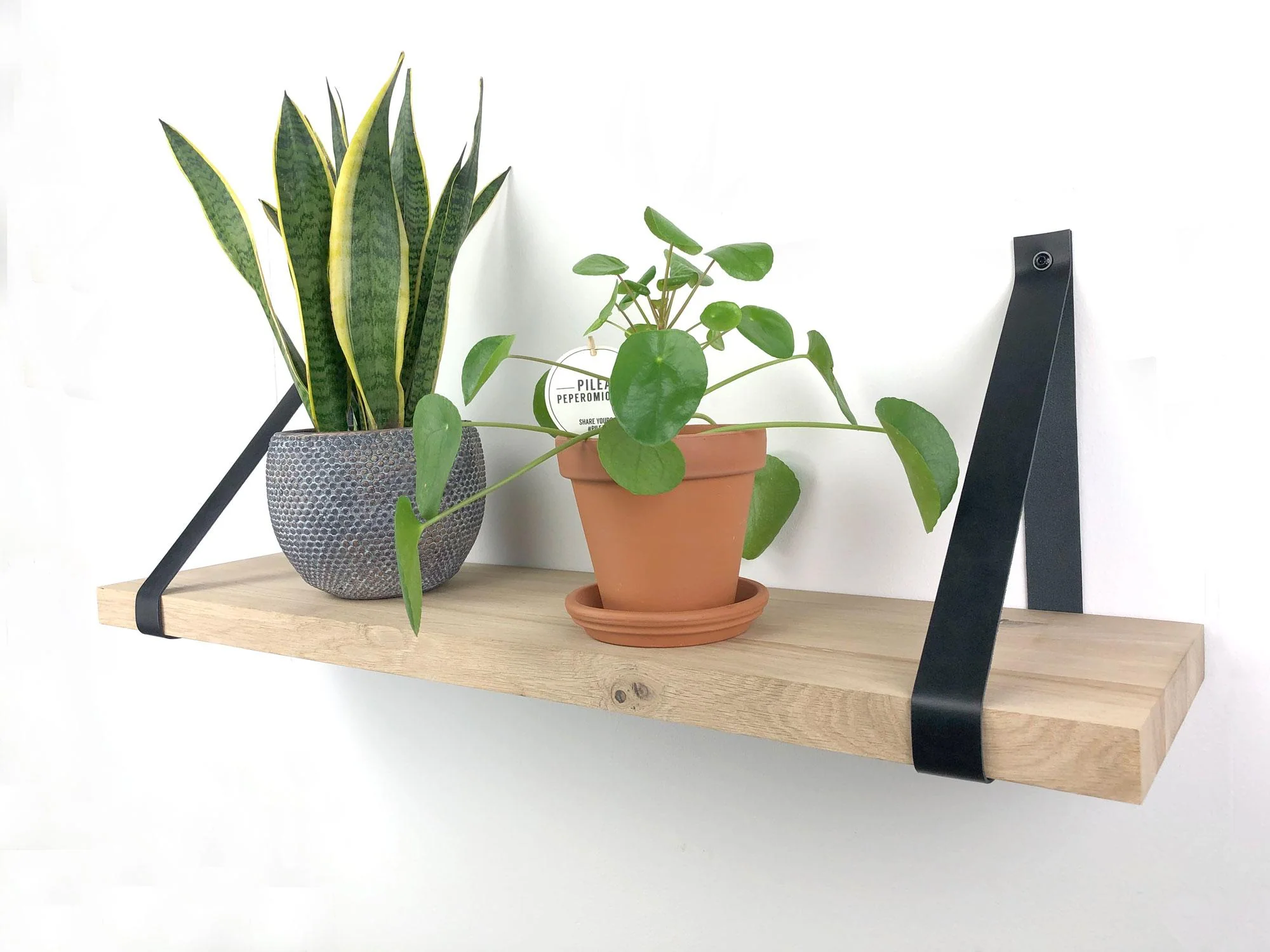 Woodbrothers Eiken wandplank massief recht 80x30cm + leren riem zwart - Image 4